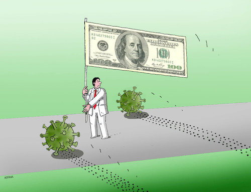 Cartoon: dollarovir (medium) by Lubomir Kotrha tagged coronavirus,wall,street,fed,burza,dollar