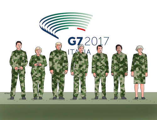Cartoon: g7mask (medium) by Lubomir Kotrha tagged g7,meeting,italy,2017,trump,merkel,macron,may,world,peace,climate