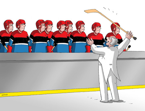 Cartoon: hokdirigent (medium) by Lubomir Kotrha tagged ice,hockey,winter,championships,canada