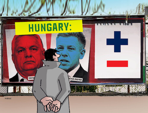 Cartoon: hunbilbord (medium) by Lubomir Kotrha tagged hungary,elections,orban,magyar,fidesz,tisza,hungary,elections,orban,magyar,fidesz,tisza