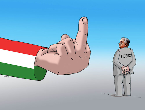 Cartoon: hunprostred (medium) by Lubomir Kotrha tagged hungary,election,orban,magyar,fidesz,tisza,hungary,election,orban,magyar,fidesz,tisza