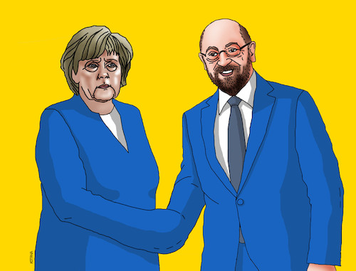 Cartoon: merkelhands (medium) by Lubomir Kotrha tagged germany,angela,merkel,martin,schulz,wahlen,elections,euro,dollar,europe,world