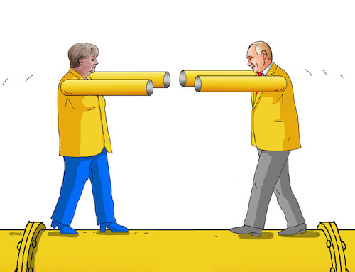 Cartoon: outinmerkel18 (medium) by Lubomir Kotrha tagged meeting,angela,merkel,vladimir,putin,germany,russia,north,stream,gas,euro,ruble,dollar