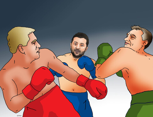 Cartoon: triobox (medium) by Lubomir Kotrha tagged ukraine,hungary,slovakia,zelensky,orban,fico,ukraine,hungary,slovakia,zelensky,orban,fico
