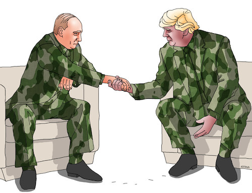 Cartoon: trumputin (medium) by Lubomir Kotrha tagged putin,trump,summit,g20,hamburg,germany,2017,war,peace,dollar,euro,world
