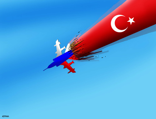 Cartoon: turkrus (medium) by Lubomir Kotrha tagged terrorism,incident,turkey,russia,erdogan,putin,fighter,is