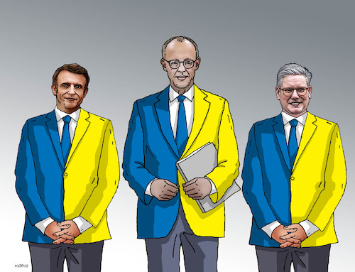 Cartoon: ukrasaka (medium) by Lubomir Kotrha tagged usa,ukraine,trump,macron,merz,starmer,war,weapons,usa,ukraine,trump,macron,merz,starmer,war,weapons