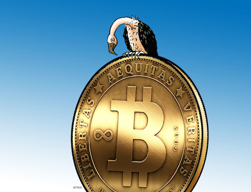 Cartoon: bitcoin (medium) by Lubomir Kotrha tagged bitcoin,dollar,euro,libra,bitcoin,dollar,euro,libra