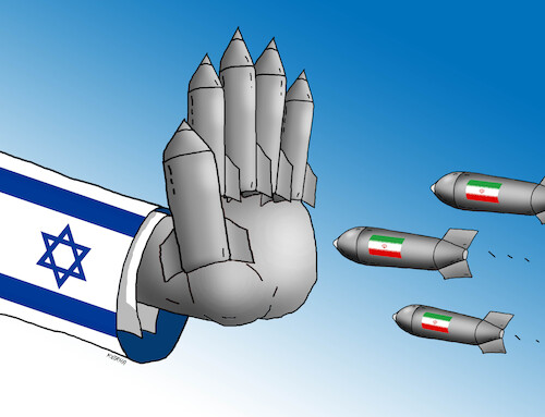 Cartoon: Israel versus Iran (medium) by Lubomir Kotrha tagged israel,iran,gaza,war,bombs,israel,iran,gaza,war,bombs