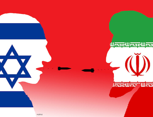 Cartoon: Israel versus Iran (medium) by Lubomir Kotrha tagged israel,iran,gaza,war,bombs,israel,iran,gaza,war,bombs