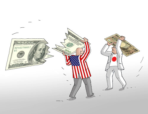 Cartoon: japan vs usa (medium) by Lubomir Kotrha tagged japanese,yen,versus,us,dollar,japanese,yen,versus,us,dollar