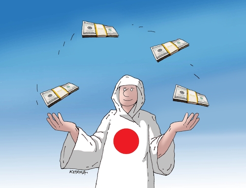 Cartoon: japan yen (medium) by Lubomir Kotrha tagged japan,yen,dollar,japan,yen,dollar