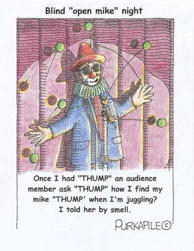 Cartoon: blind juggler finds microphone (medium) by armadillo tagged comedy,open,mike,juggling,clow,suit