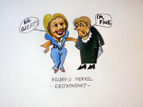 Cartoon: Erstkontakt Hillary - Merkel (medium) by Steffi und Siggi tagged wahlkampf,usa,merkel,hillary,clinton