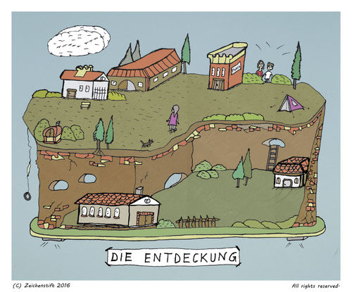 Cartoon: Die Entdeckung (medium) by zeichenstift tagged felsen,kinder,abenteuer,adventure,fantasie,fantasy,himmel,wiese,häuser,meadow,houses,trees,bäume,grün,green,kids,entdecken,kinderbuch