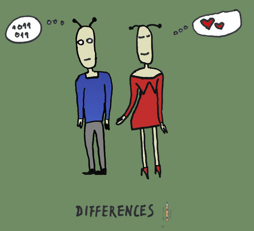 Cartoon: Differences (medium) by zeichenstift tagged feelings,gefühle,relationship,beziehung,partnerschaft,partnership,love,liebe,difference,unterschied,frau,mann,female,male