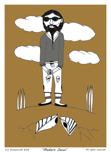 Cartoon: Modern Jesus (medium) by zeichenstift tagged jesus,christ,bibel,religion,rückkehr,glauben,hoffnung,zweifel,trauer,liebe,kirche,surrealismus,surreal,botschaft,orange,wolken,clouds