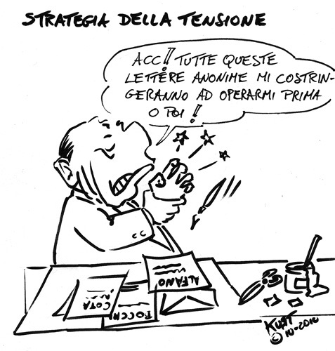 Cartoon: Strategia della tensione (medium) by kurtsatiriko tagged berlusconi,alfano,bocchino,cota