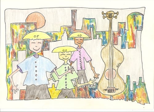 Cartoon: 3 chinesen mit  nem Kontrabass (medium) by skätsch-up tagged chinese,bass,street,talking,speeking