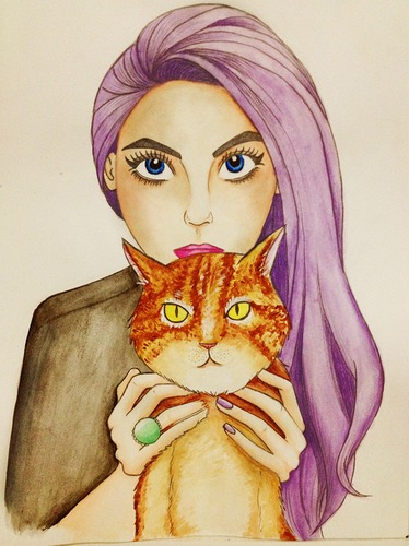 Cartoon: lilac (medium) by naths tagged girl,lilac,cat,watercolour