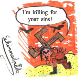 Cartoon: Adolf crawls to the cross (medium) by Schimmelpelz-pilz tagged tyrant,nazi,adolf,hitler,cross,crucifix,desert,vulture,vultures,sin,sins,wrong,fake,prophet,christianity,christians,right,winged,fascist,fascism,jesus,christ