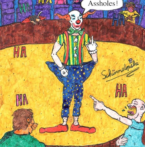 Cartoon: Angry Clown (medium) by Schimmelpelz-pilz tagged angry,clown,anger,rage,aggression,amusement,laugh,at,middle,finger,circus,laughing,tribune