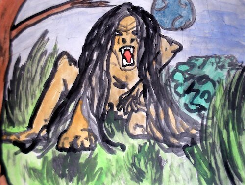 Cartoon: Ape Monster - Affenmonster (medium) by Schimmelpelz-pilz tagged ape,monkey,primate,monster,demon,creature,beast,abomination,being,human,fang,fangs,long,mane,hair,hairs,wild,savage,forest,nature,jungle,grass,tree,moon,bush,water,color,wasserfarbe,wasserfarben,bestie,wilder,primitiv,wald,dschungel,gras,baum,mond,natur,affe,kreatur,biest,mensch,mann,primat,langes,haar,lange,haare,wesen,reisszahn