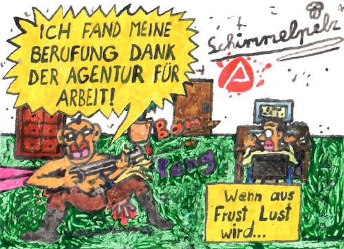Cartoon: Arbeitsamt Anschlag (medium) by Schimmelpelz-pilz tagged agentur,für,arbeit,jobcenter,arbeitsamt,terror,terrorangriff,anschlag,massaker,gewehr,flinte,schuss,schuß,schüße,schüsse,kugeln,kugel,terrorist,rage,wut,zorn,tickende,zeitbombe,computer,büro,blut,tot,tote,tod,töten,morden,ausflippen,respekt,respektlosigkeit,leiche,aktenschrank,tisch,angst,furcht,verzweiflung,deutsch,deutschland