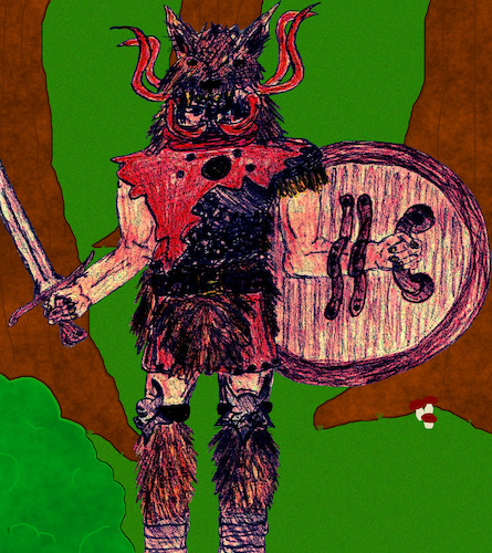 Cartoon: Barbarian - Barbar (medium) by Schimmelpelz-pilz tagged berserk,barbarian,horn,horns,blade,sword,shield,wolf,fur,warrior,fighter,hunter,forest,grass,mushroom,mushrooms,leather,armor,viking,nord,nordic,fantasy,history,roleplay,game,animal,beast,wild,tree,trees,bush,busch,tier,bestie,fell,schwert,schild,phantasie,geschichte,wikinger,nordisch,barbar,berserker,krieger,wald,baum,gras,pilz,pilze