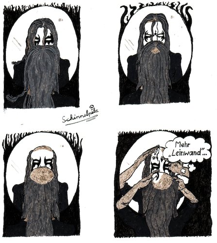 Cartoon: Black Metal Baldness (medium) by Schimmelpelz-pilz tagged black,metal,baldness,haarausfall,mähne,schminke,szene,musik,lange,haare,haar,stil,nonkonformismus,nonkonform,spiegel,geheimratsecken,leinwand