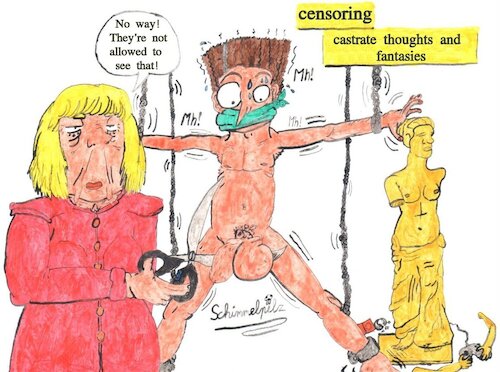 Cartoon: Christian Censoring Attitude (medium) by Schimmelpelz-pilz tagged angelika,merkel,cdu,christian,democratic,union,scissors,castration,censor,video,game,film,movie,movies,dvd,blueray,media,computer,venus,of,milo,controller,censoring,cut,cutting