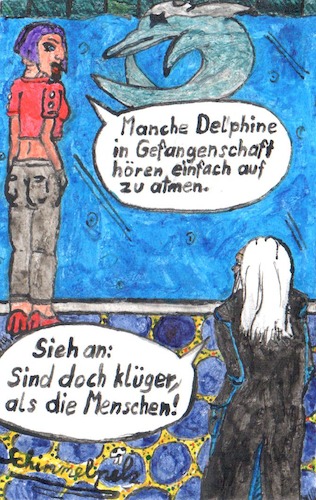 Cartoon: Delphinsuizid (medium) by Schimmelpelz-pilz tagged delphin,delphine,gefangenschaft,gefangen,eingespeert,aquarium,zoo,punk,goth,grufti,suizid,selbstmord,sozialkritik,sozialkritisch,schwarzer,humor,tod,tot