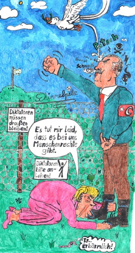 Cartoon: Demokratie zu verkaufen!! (medium) by Schimmelpelz-pilz tagged angelika,merkel,ferkel,angie,erdogan,egowahn,flüchtlingskrise,böhmermann,rückgratlos,schleimer,schleimen,arschkriechen,arschkriecher,demokratie,tyrann,tyrannei,maschendrahtzaun,diktator,diktatur,friedenstaube,eu,europäische,union,wurm