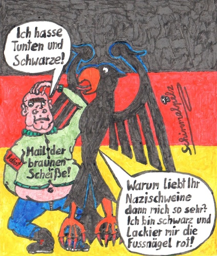 Cartoon: Deutschland Adlers Coming Out (medium) by Schimmelpelz-pilz tagged deutsch,deutscher,deutsche,deutschland,adler,flagge,flaggensymbol,nazi,neonazi,rechtsradikal,rechtsradikaler,idiot,homophobie,rassismus,fremdenfeindlichtkeit,spinner,fettsack,fett,afd,alternative,für,nagellack,lack,lackieren,nagel,nägel,klauen,vogel,raubvogel,skinhead