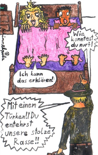 Cartoon: Die Volksverräterin (medium) by Schimmelpelz-pilz tagged ausländerfeindlich,ausländerfeindlichkeit,betrug,bett,blind,dumm,dummheit,ehebruch,fremdenhass,idiot,idiotie,nationalgeist,nationalist,nationalstolz,schwachkopf,seitensprung,verrat,volksverrat,wut