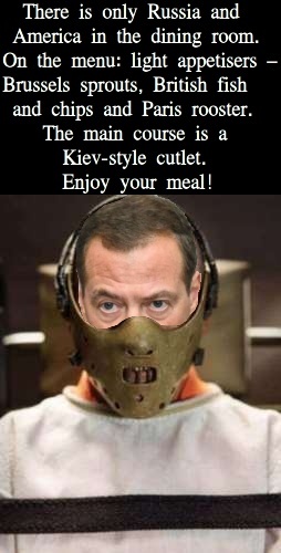 Cartoon: Dmitry Medvedev Lecter (medium) by Schimmelpelz-pilz tagged meme,dmitry,medwedew,medvedev,hannibal,lecter,cannibal,food,meal,dinner,meat,crime,criminal,evil,böse,russia,russland,ukraine,war,krieg,kriegsverbrechen,kriegsverbrecher,genocide,genozid,russian,russe,crazy,insane,mad,idiot,jerk,bekloppt