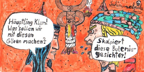 Cartoon: Häuptling Klum (medium) by Schimmelpelz-pilz tagged heidi,klum,häuptling,indianer,amerikanischer,ureinwohner,skalpieren,totempfahl,gefangen,gefesselt,gntm,germanys,next,topmodel,model,models