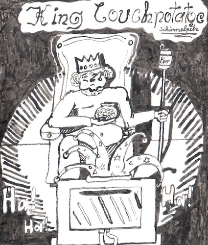 Cartoon: King Couchpotatoe (medium) by Schimmelpelz-pilz tagged könig,tv,fernseher,fernsehen,sitcom,sitcoms,krone,zepter,bier,chips,narrenkappe,hofnarr,couch,sessel,king,couchpotatoe