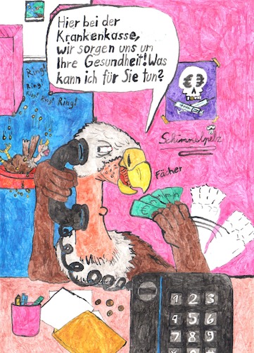 Cartoon: Krankenkassengeier (medium) by Schimmelpelz-pilz tagged aasgeier,geier,krankenkasse,versicherung,pflegeversicherung,krankenversicherung,gesundheit,geld,euro,münzen,cent,kundendienst,telefondienst