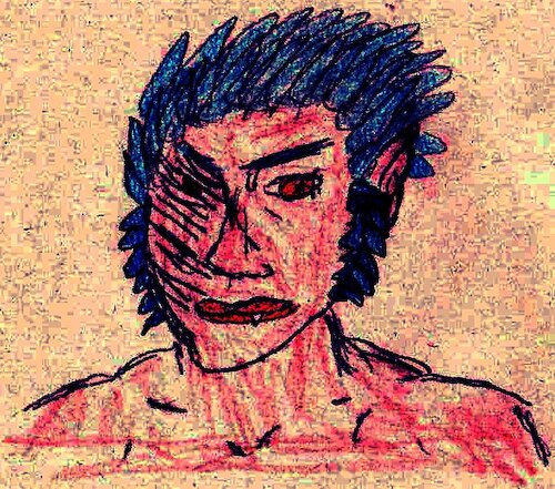 Cartoon: Manga Beastman - Biestmensch (medium) by Schimmelpelz-pilz tagged manga,anime,beast,man,human,humanoid,blue,hair,wild,primal,primitive,fang,fangs,red,eye,eyes,shadow,pointy,ear,ears,drawing,painting,hybrid,carnivore,animal,animalistic,beastly