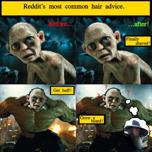 Cartoon: Meme - Finally Shaved (medium) by Schimmelpelz-pilz tagged meme,bald,balding,baldness,reddit,buff,gym,muscle,muscles,male,hair,cut,haircut,hairstyle,advice,internet,fun,funny,hilarious,joke,gag,humor,gollum,hulk,gandalf,work,out,shave,shaving,shaved