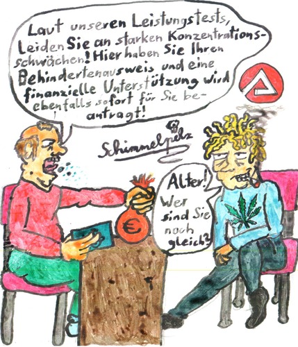 Cartoon: psychologischer Test der AfA (medium) by Schimmelpelz-pilz tagged geld,ausweis,behinderung,dread,dreads,dreadhead,rasta,rastafari,dreadlocks,stütze,behindertenausweis,konzentrationsschwäche,konzentration,test,psychologischer,marihuana,gras,joint,kiffen,kiffer,arbeit,für,agentur