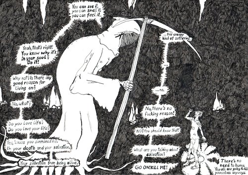 Cartoon: Talking With Death (medium) by Schimmelpelz-pilz tagged death,dead,reaper,sense,suicide,murderer,wish,dying,darkness,cave