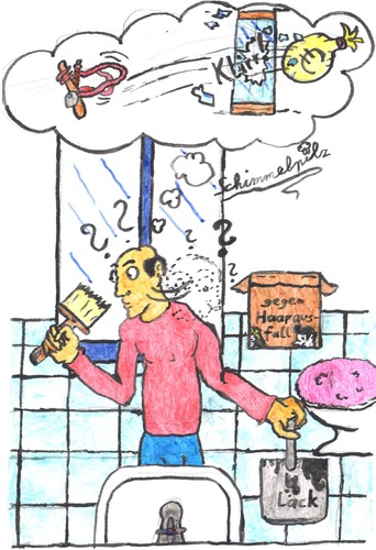 Cartoon: Überteuertes Färbungsmittel (medium) by Schimmelpelz-pilz tagged farbe,betrug,abzocke,haarausfall,teuer,färbungsmittel,bad,badezimmer,toilette,klo,dusche,geld,waschbecken,glatze,alopecie,lack,pinsel,eimer