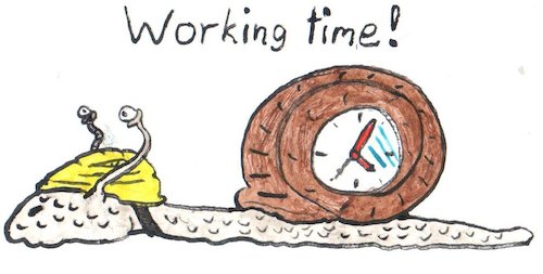 Cartoon: working time (medium) by Schimmelpelz-pilz tagged work,working,time,arbeit,arbeitszeit,zeit,schnecke,langsam,slow,clock,uhr,snail,slug,helm,helmet,critter,kriechtier
