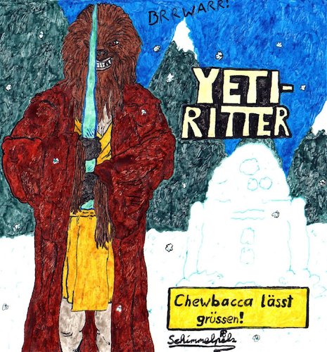 Cartoon: Yeti Ritter (medium) by Schimmelpelz-pilz tagged star,wars,chewbacca,chewi,yeti,jedi,ritter,science,fiction,fan,film,kino,eis,schnee,eiszapfen,gletscher,r2d2,roboter,berg,gebirge,berge,robe,haarig,fell,pelz,kreatur,monster,alien,zähne,reisszähne