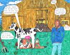 Cartoon: Replacement Food (small) by Schimmelpelz-pilz tagged vegan,vegans,milk,cow,soya,soy,meat,replacement,farmer,barn,dung,fork,vegetarian,pitchfork,barnyard,farm