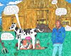 Cartoon: Replacement Food (small) by Schimmelpelz-pilz tagged vegan,vegans,milk,cow,soya,soy,meat,replacement,farmer,barn,dung,fork,vegetarian,pitchfork,barnyard,farm