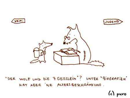 Cartoon: Biographie. (medium) by puvo tagged wolf,märchen,bibliothek,biografie,fairy,tale,library,biography