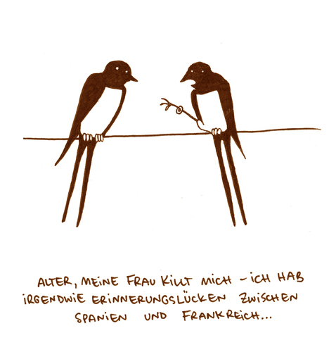 Cartoon: Erinnerungslücken (medium) by puvo tagged frühling,swallow,schwalbe,ehe,flight,flugroute,flug,rout,vogelzug,migrant,bird,zugvogel,spring,marriage,betrug,fraud,hochzeit,heiraten,marry,ring,ehering,beringung,umweltschutz,forschung,ornithologie,ornithologe,ornithology,ornithologist,science